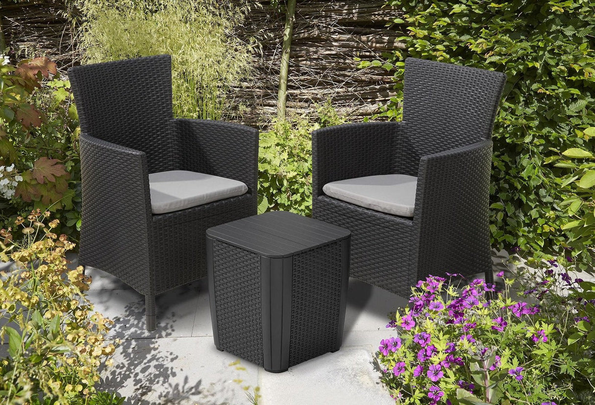 Keter Iowa 3-Piece Rattan Effect Storage Table Balcony Bistro Set - Graphite